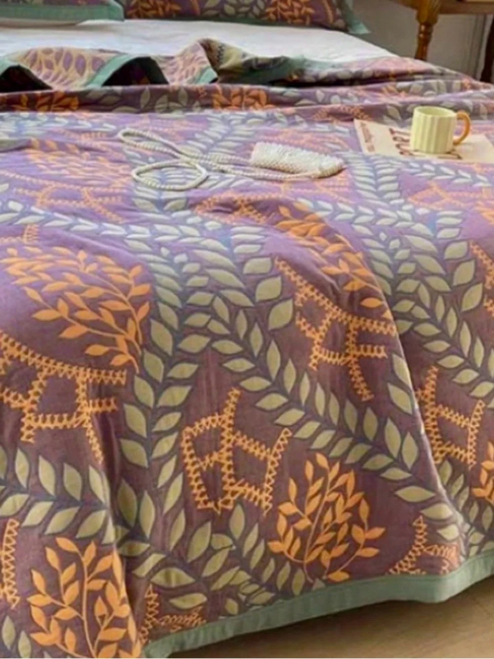 Ownkoti Green & Orange Leaf Cotton Reversible Quilt